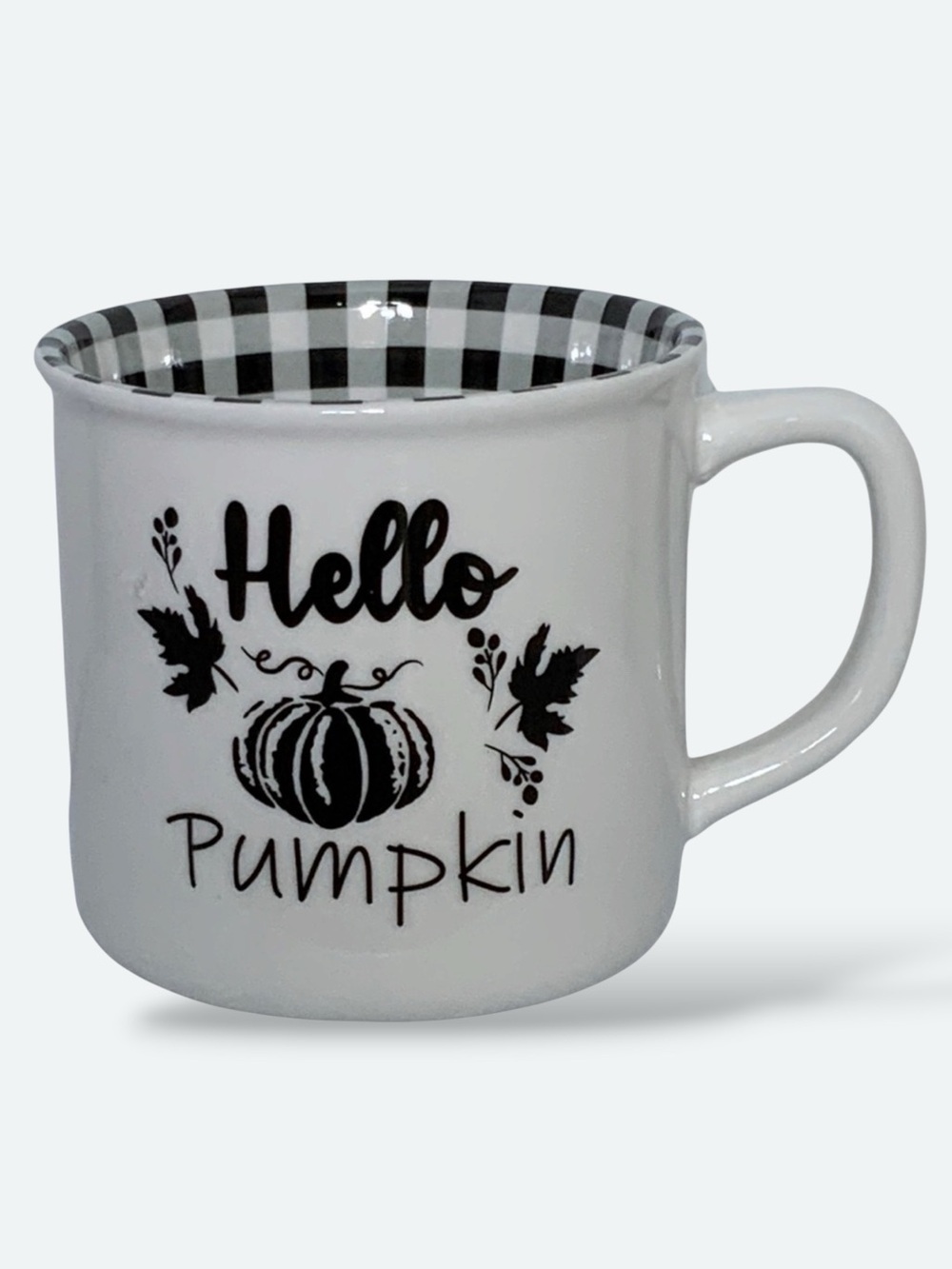 Mug Hello Pumpkin Phrase Gingham Check Buffalo Plaid Accented Ceramic  16 OZ
